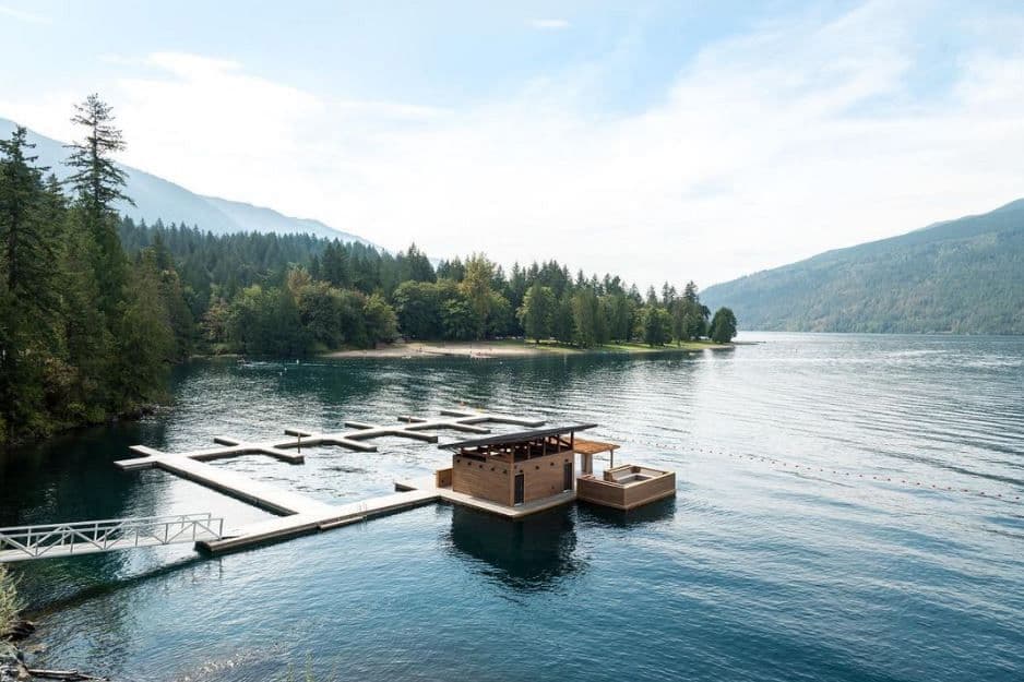 Marina and amenity dock at Cultus Lake, BC, captured from the water post-installation, showcasing Burton Marine’s custom floating design.